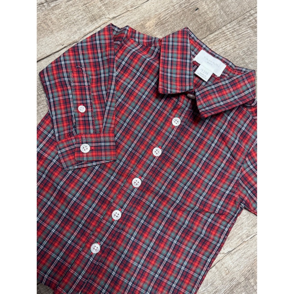 Tahari Boy Red Plaid Button Down Shirt Long Sleeve 12M Holiday